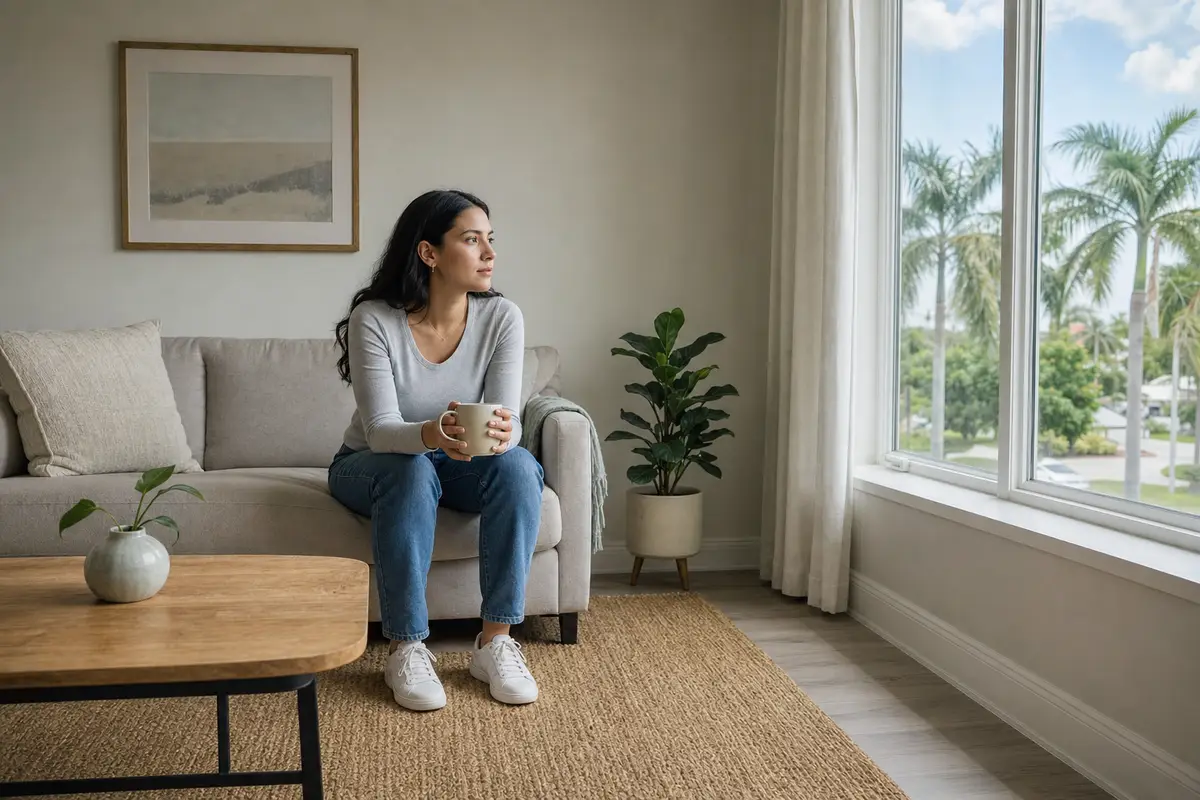 A woman in a light-grey top sits on the edge of a sofa in a bright room, holding a ceramic mug in both hands and looking toward a large window with palm trees outside.