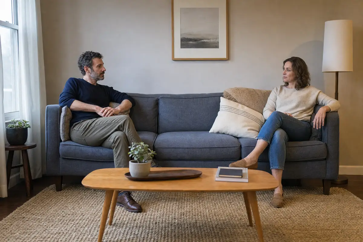 A man and a woman sit at opposite ends of a blue-grey sofa, turned toward each other in calm conversation across a wooden coffee table.