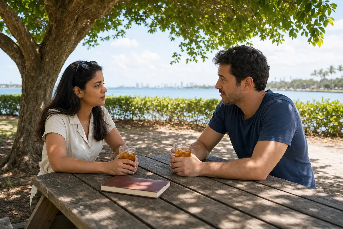 A woman in a cream top and a man in a navy T-shirt sit across a wooden picnic table by a lake, each holding a glass of iced tea.