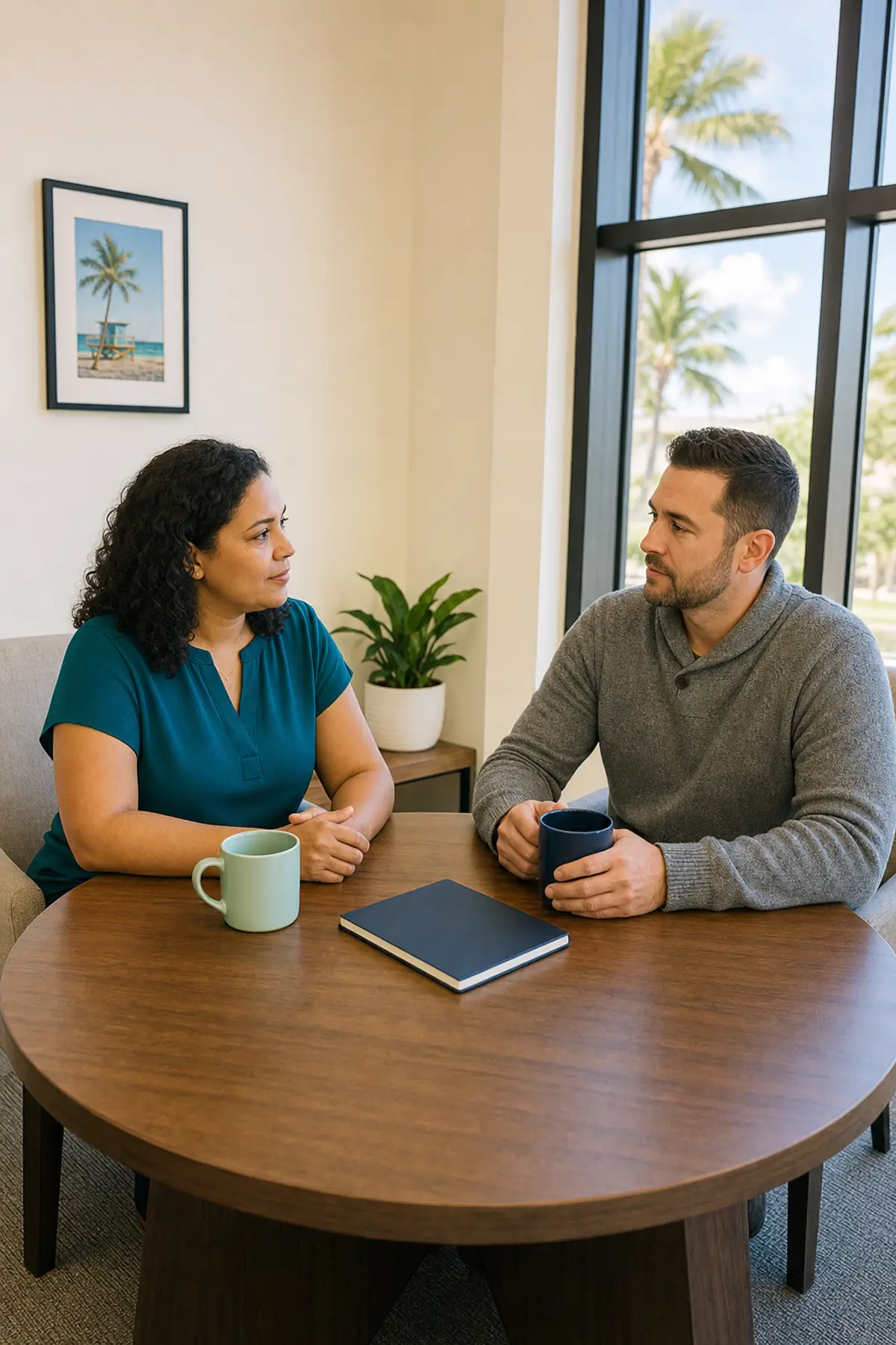 Two adults talking across a round wooden table with mugs and a closed notebook, a window with palm trees behind them