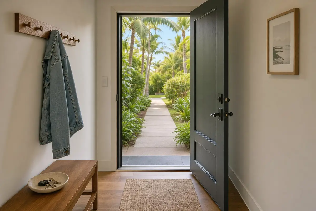 An open door at the end of a hallway leads to a sunny palm-lined garden path. No people are present.