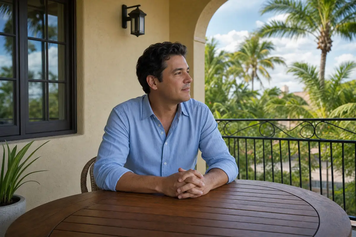 A man in a light blue shirt seated at a wooden table on a covered terrace, looking out toward palm trees