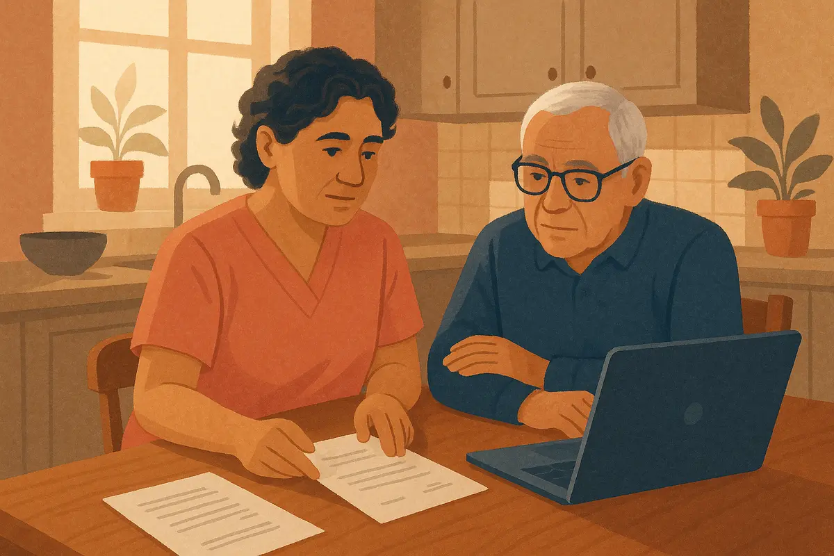 A middle-aged caregiver sitting with an older adult at a kitchen table, looking over paperwork and a laptop screen together in a warm, well-lit home setting, conveying help navigating health insurance and therapy access. — does medicaid cover therapy