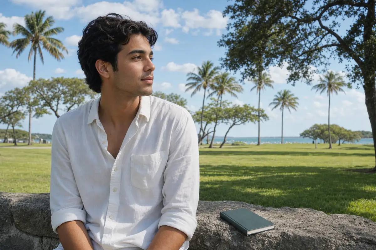 A young man in a white shirt sits on a stone wall beside a lawn and palm trees, with a closed notebook beside him.