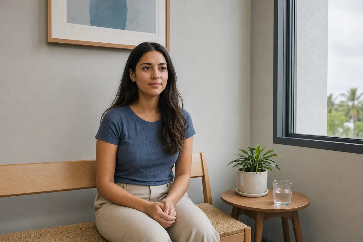 A young woman in a blue top sits on a light wooden bench in a bright waiting area with her hands clasped in her lap, beside a small round side table holding a glass of water and a potted plant.