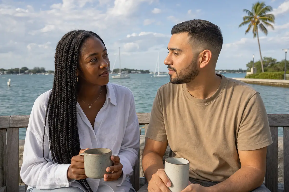 A man and a woman sit close together on a bench by the water, each holding a mug, with palm trees behind them.