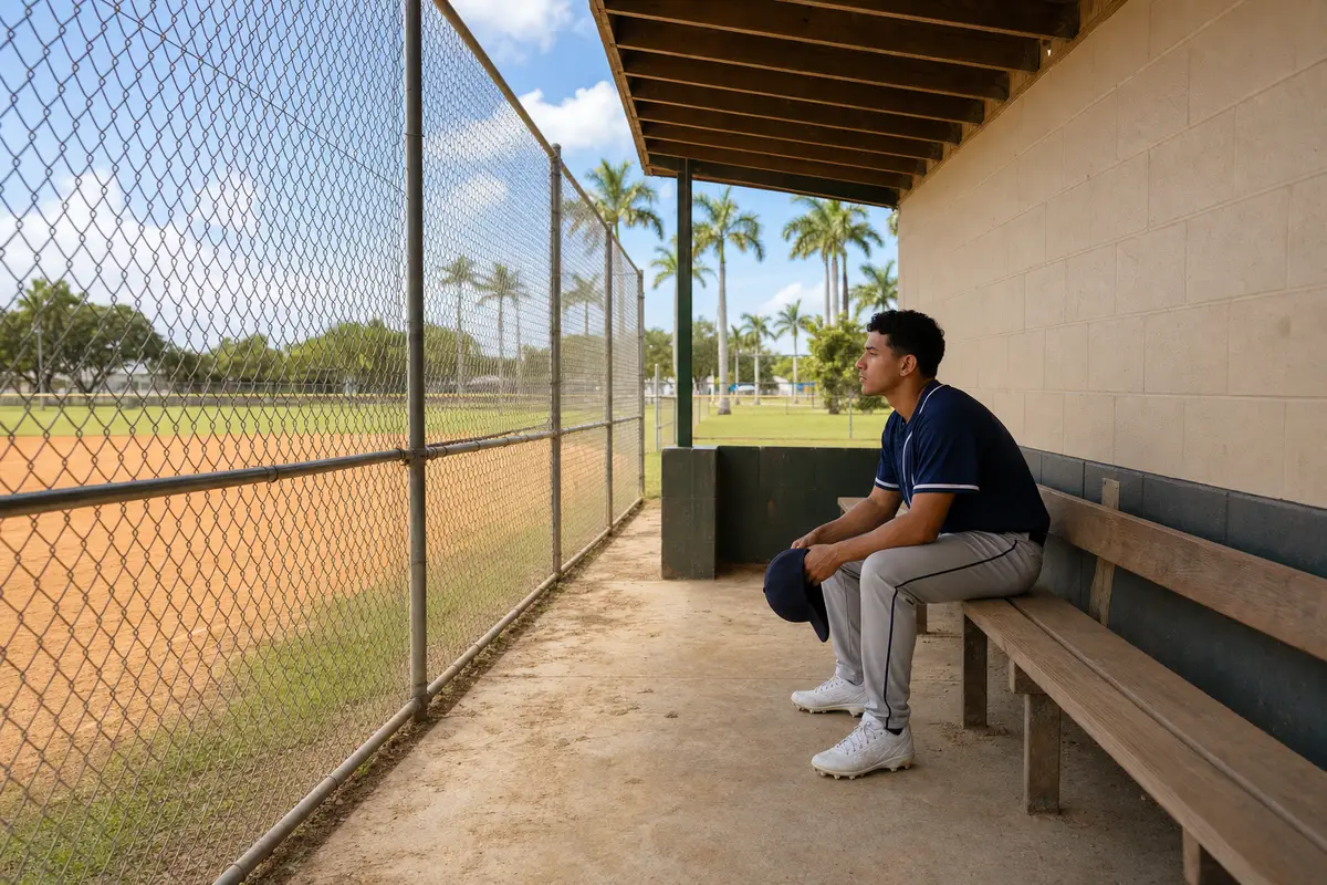 A young man in a navy jersey sits on a wooden dugout bench with a cap in his hands, looking out past a chain-link fence toward a ball field.