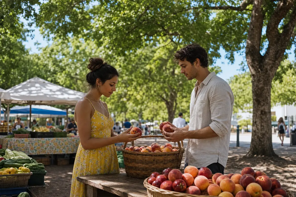 A woman in a yellow sundress and a man in a linen shirt sort peaches into a wicker basket at a farmers market stall under shady trees.