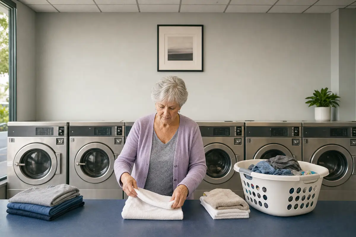 An older woman in a lilac cardigan folds a white towel at a laundromat folding table in front of rows of washing machines.