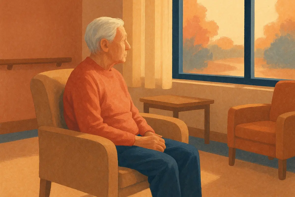 An older adult sitting alone by a window in an assisted living common room, looking out with a distant expression, warm afternoon light, photorealistic. — signs of loneliness in elderly