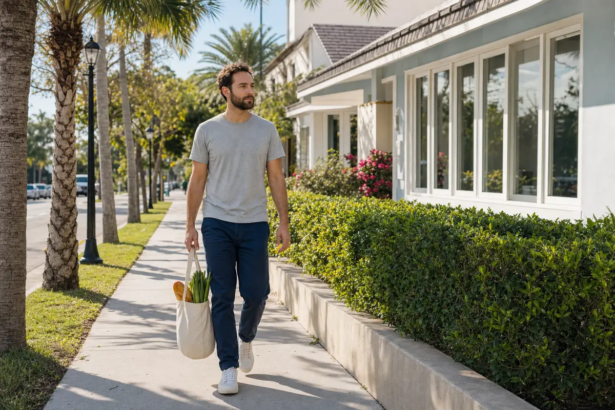 A man in a grey T-shirt walks along a palm-lined sidewalk in front of a white house, carrying a tote bag.