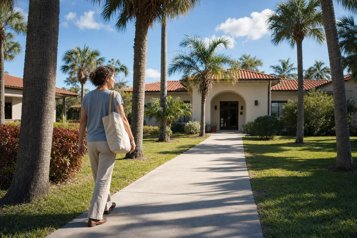A woman with a tote bag walking away along a palm-lined path toward a low building