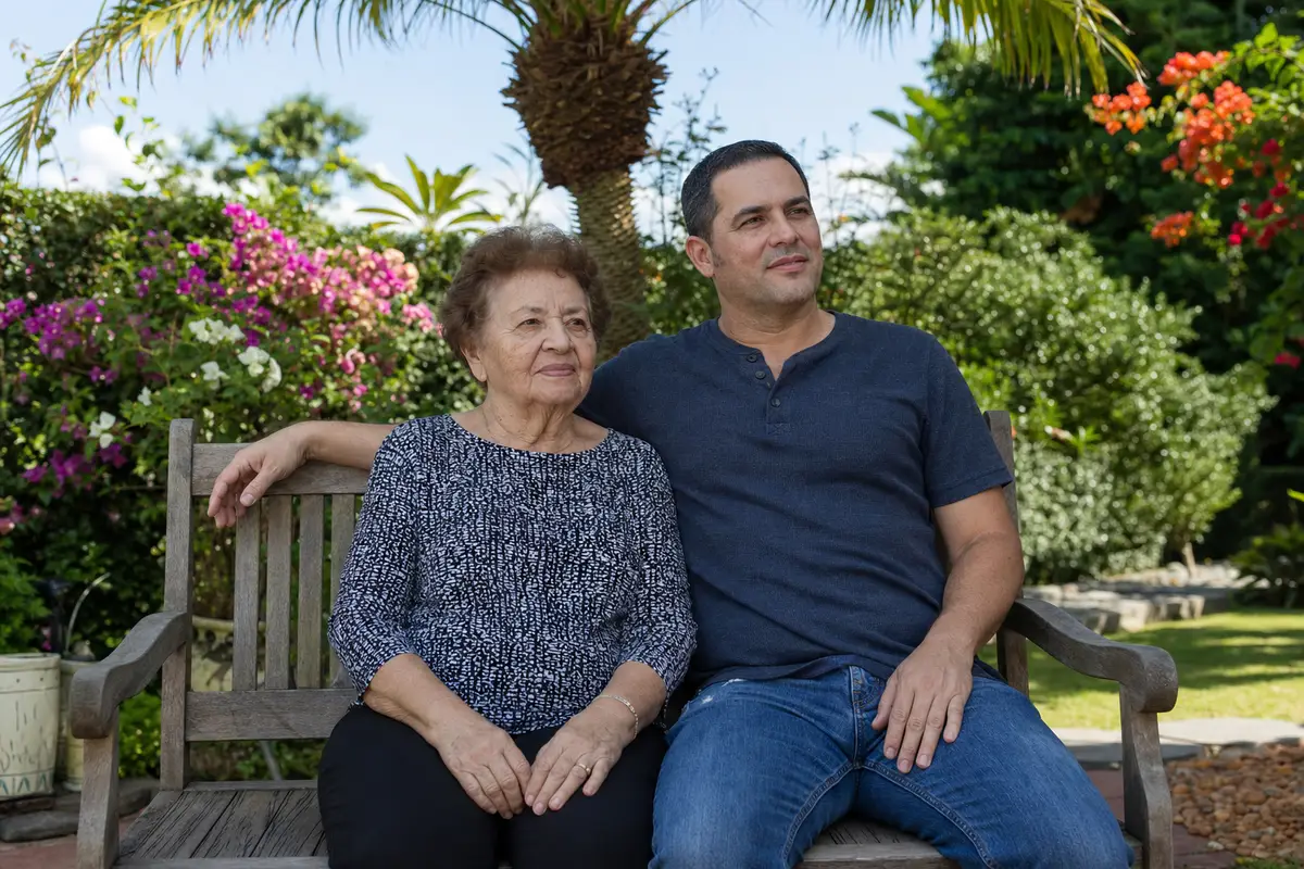 A woman and a man seated together on a wooden garden bench among bright flowering shrubs