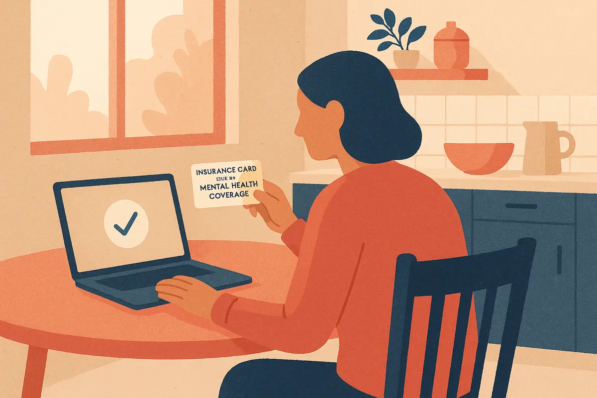 An adult sitting at a kitchen table calmly reviewing an insurance card and a laptop screen, representing clarity and confidence in navigating mental health coverage. — does insurance cover therapy