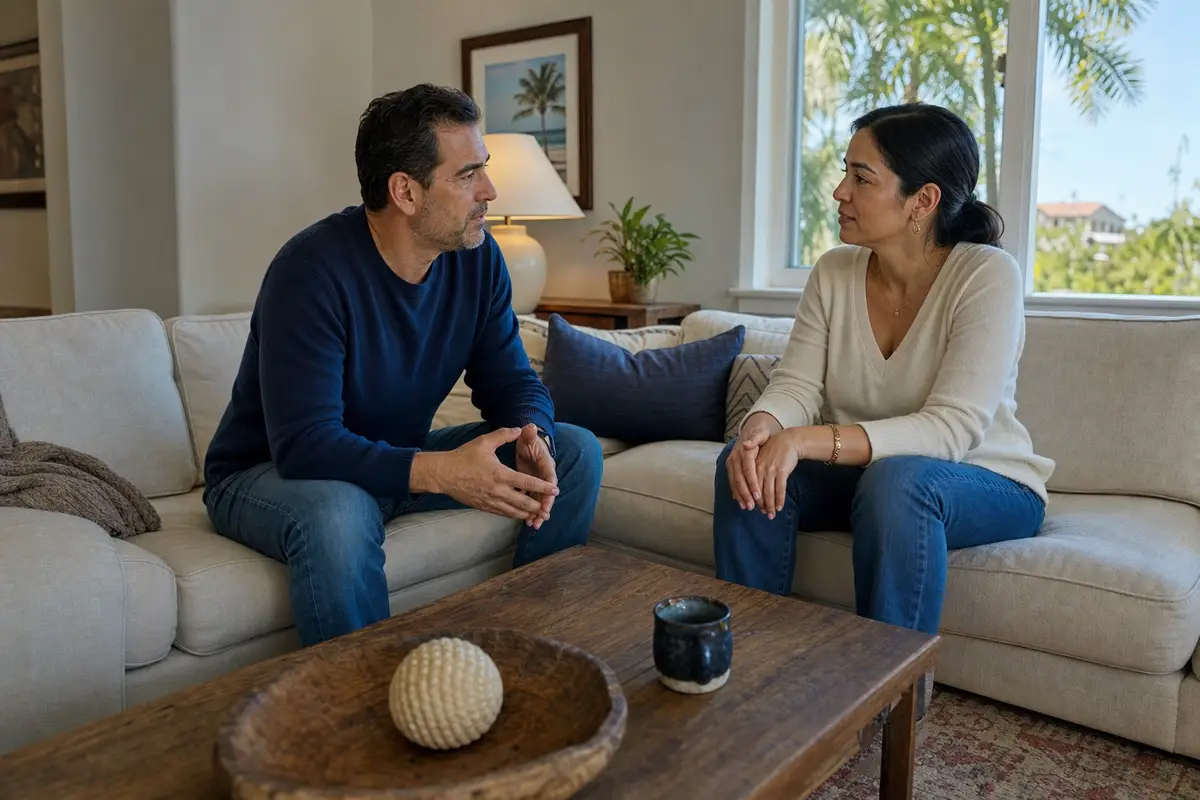 A man and a woman talking on a sofa in a sunlit living room, with a coffee table and a potted plant