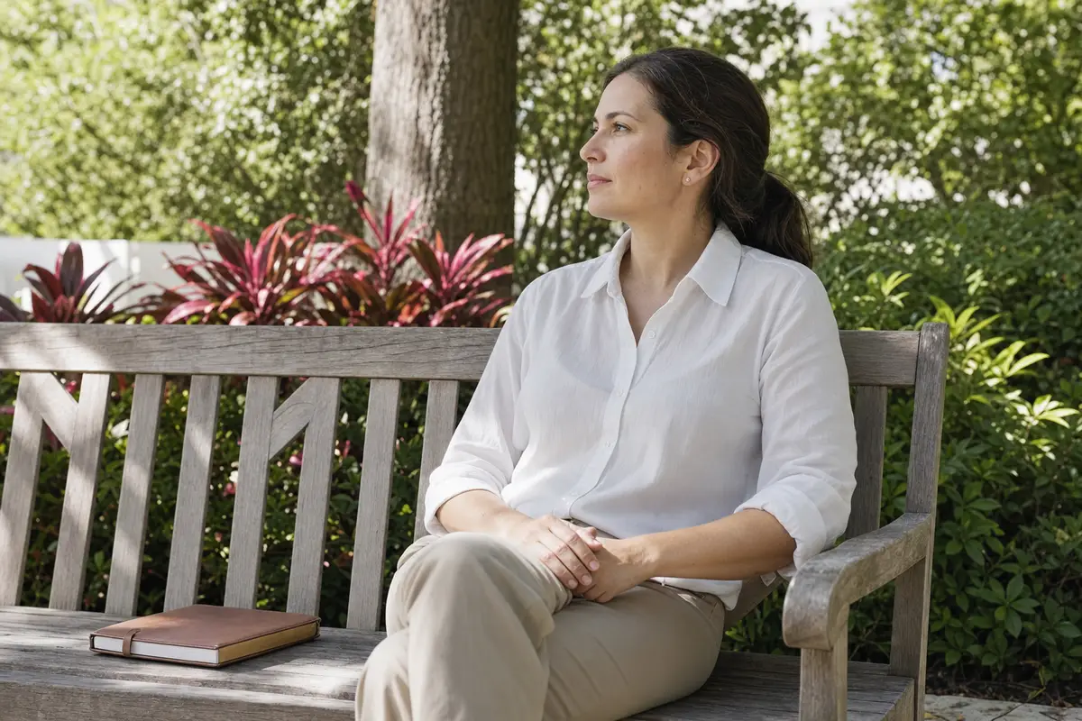 A woman in a white blouse sits on a wooden garden bench beside a stack of books, with greenery behind her.
