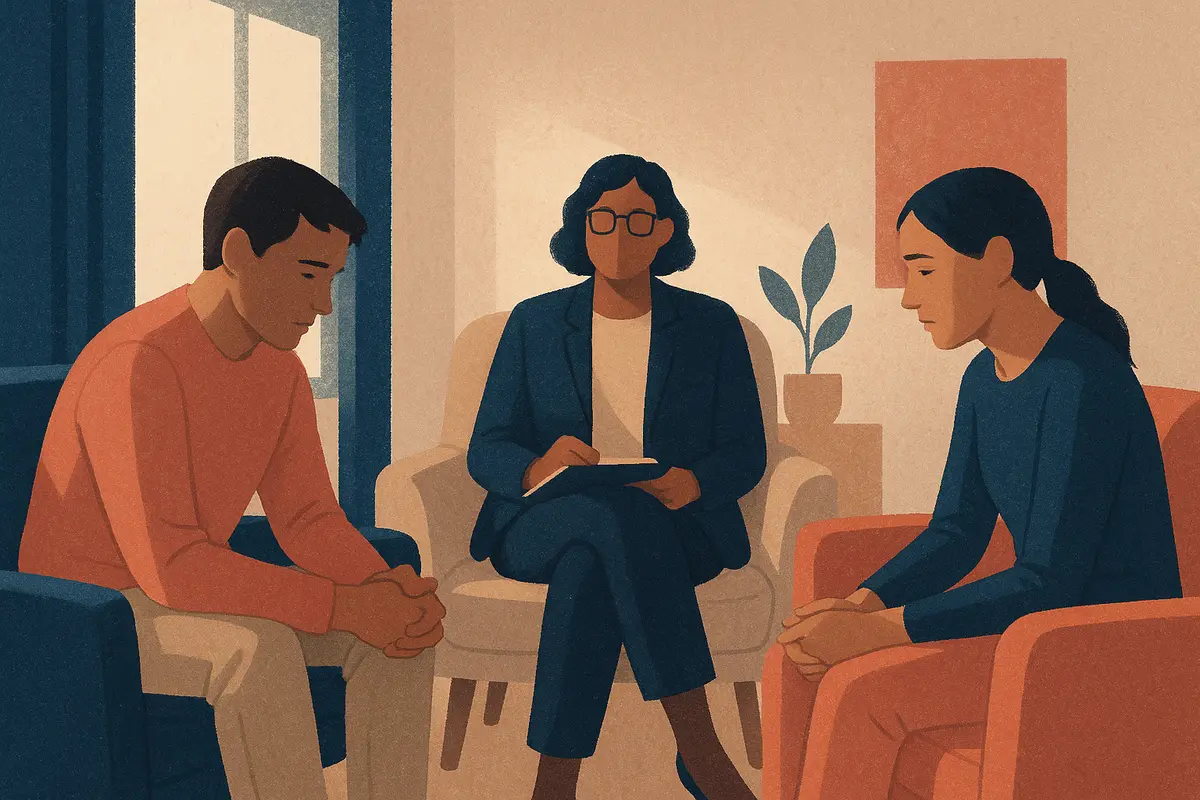 Two adults sitting across from each other in a calm, softly lit room, with a therapist present, conveying quiet tension and the early steps of rebuilding trust after relational harm. — infidelity counseling