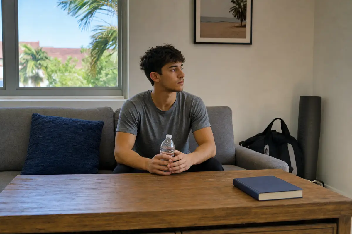 A young man in a grey T-shirt sits on a grey sofa holding a water bottle and looks toward a window, with a closed book on a wooden coffee table in front of him.