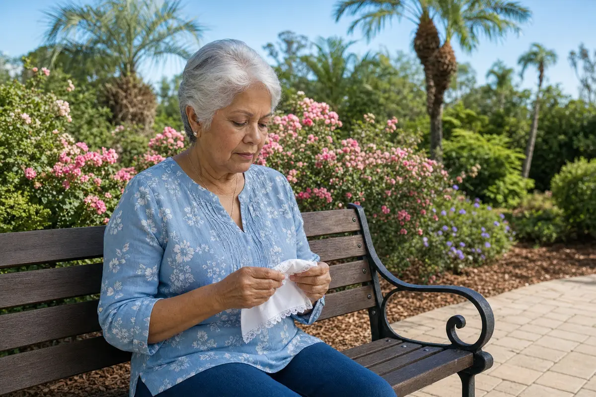An older woman in a light blue shirt sits on a bench among pink flowers, holding a folded tissue.