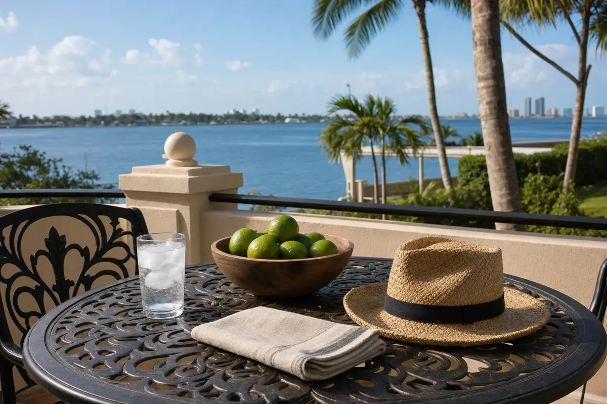 A round table on a terrace with a glass of water, a bowl of limes, a straw hat and a cloth, overlooking the bay. No people are present.