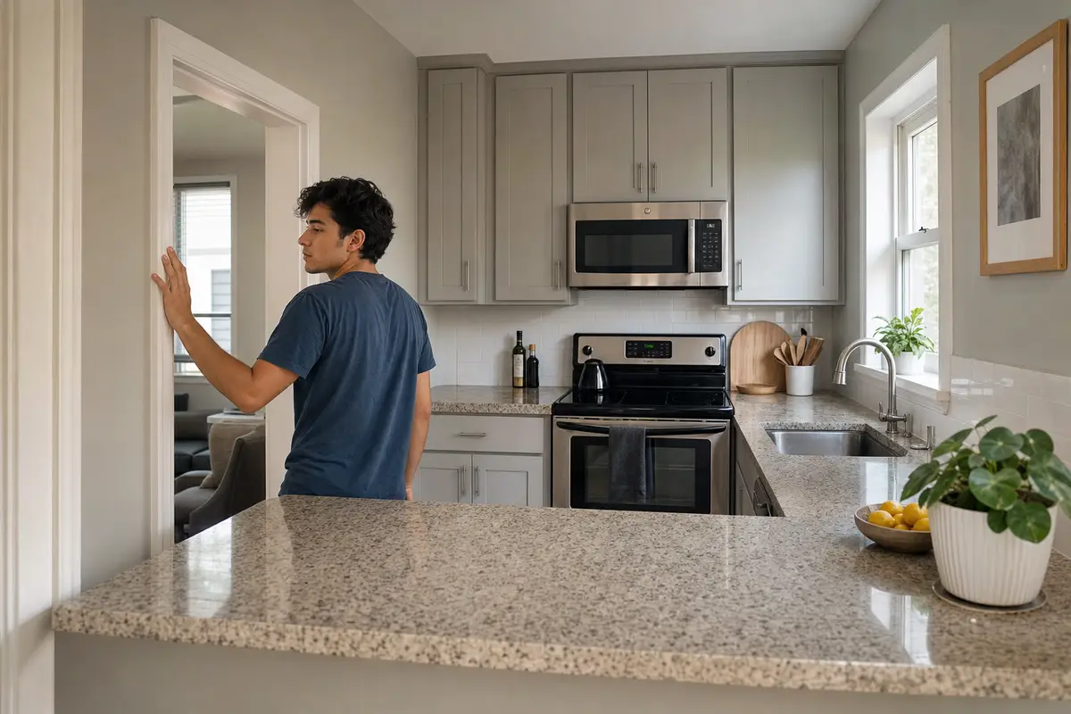 ocd symptoms — A young man in a navy t-shirt stands in a kitchen doorway, one hand resting on the door frame, glancing back calmly toward the stove and granite counter.