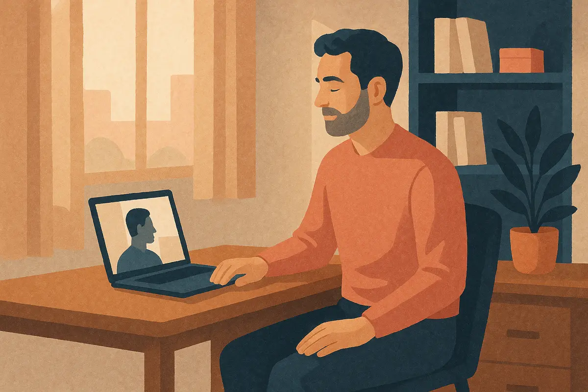 A man in his late 30s sitting calmly at a desk with a laptop open, engaged in a video call in a quiet, well-lit home office, conveying focus and openness rather than distress. — therapy for men
