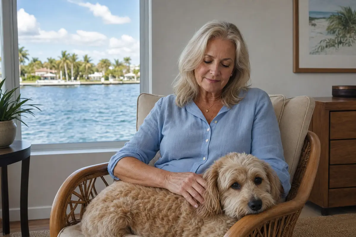 An older woman with shoulder-length blonde hair sits in a wicker chair with a golden doodle dog, looking out toward a lake.