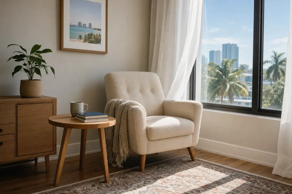 A cream armchair with a throw, a small wooden side table, a cup and a book sit beside a window overlooking a city. No people are present.