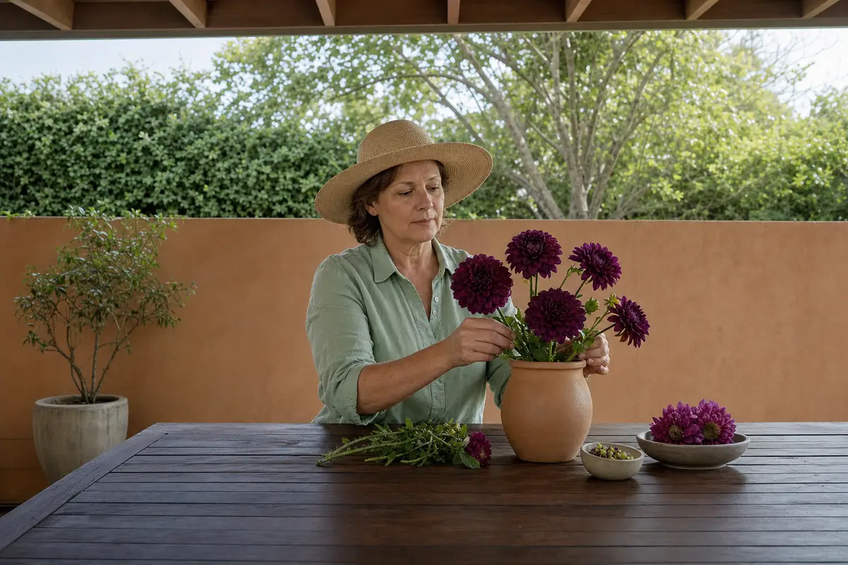 A woman in a sage-green shirt and a straw sun hat arranges deep-purple dahlias in a clay vase at a dark wooden table on a shaded patio.