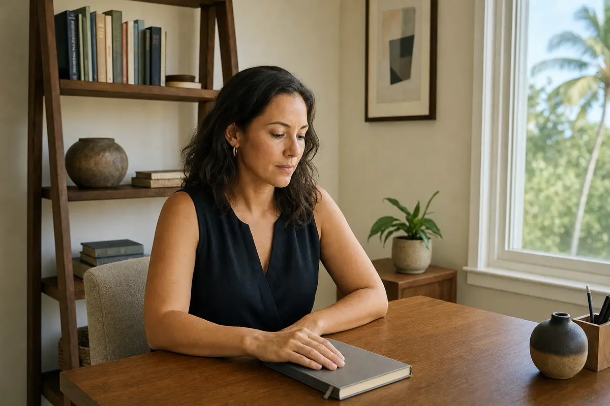 A woman seated at a wooden table in a tidy room, with a bookshelf and a potted plant beside a window