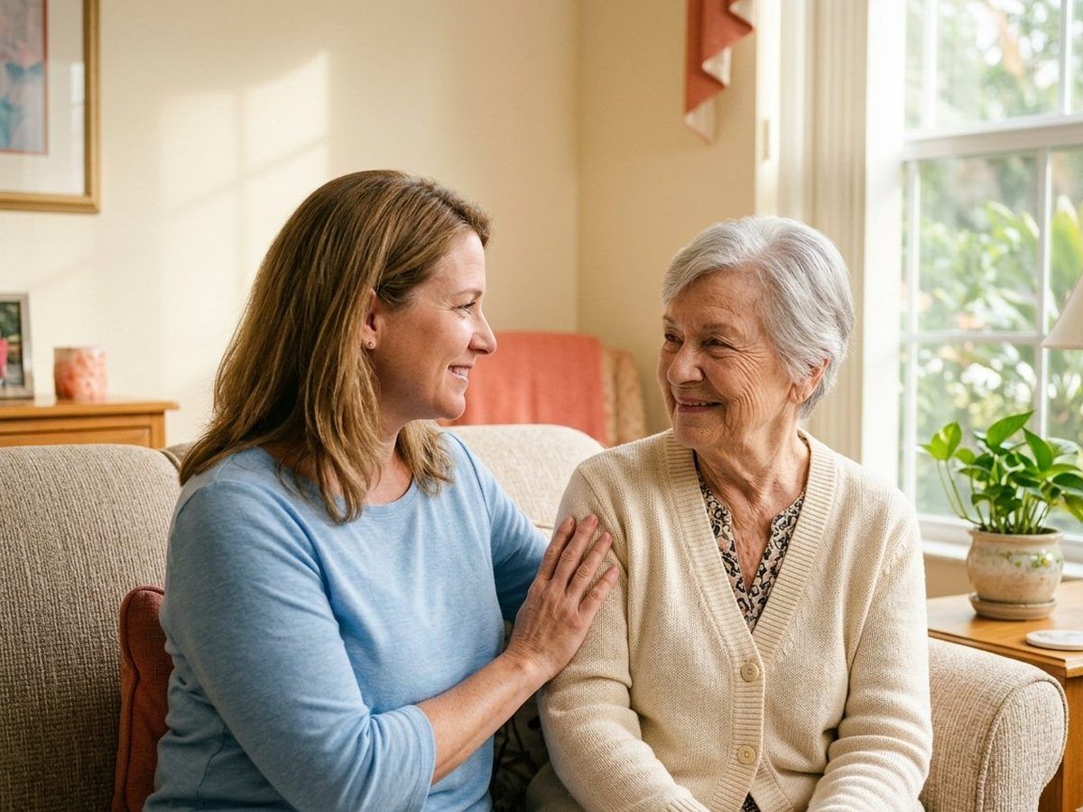 Adult daughter visiting her elderly mother