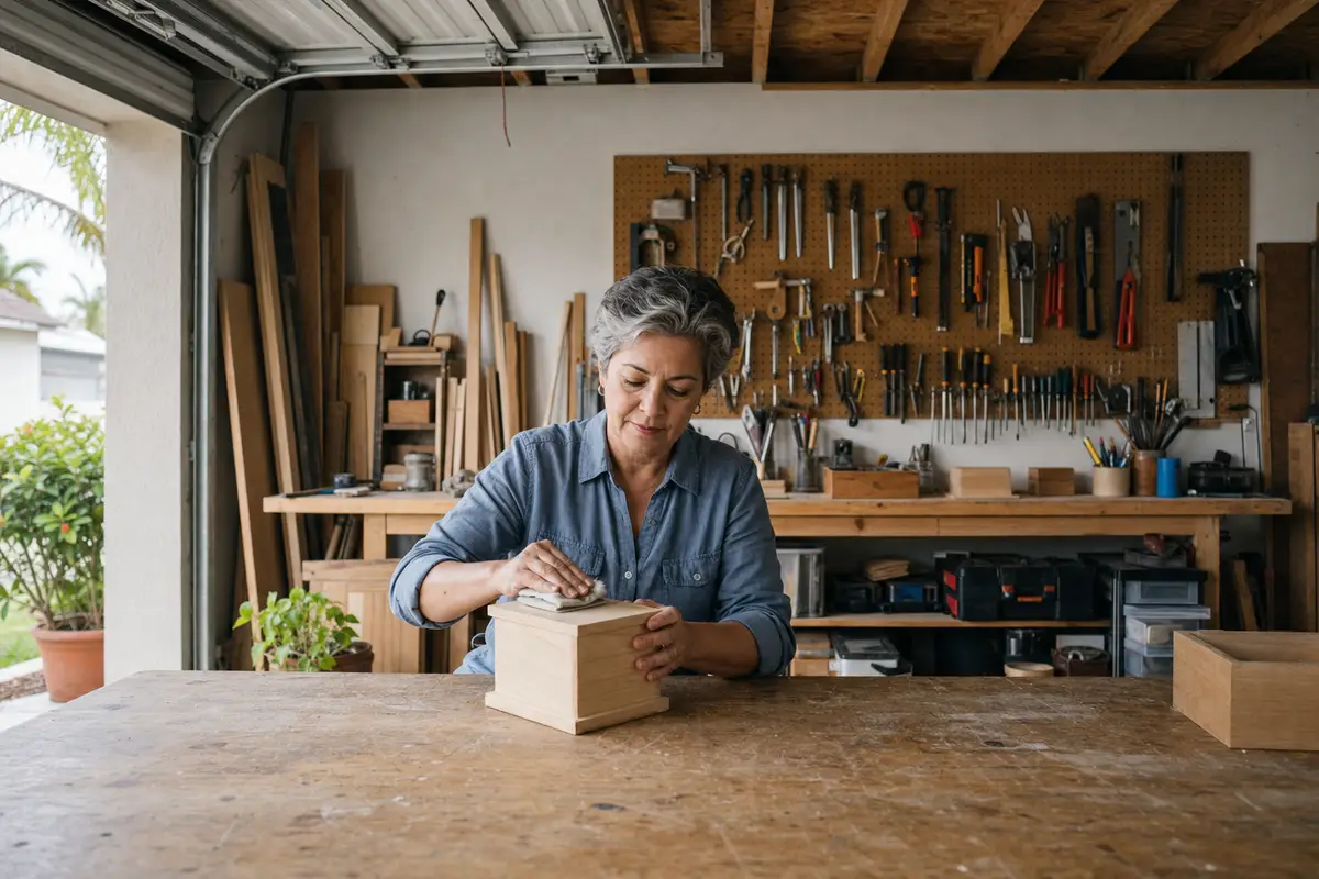 A woman with short silver-streaked hair in a grey-blue shirt sands a small wooden box at a garage workbench, with hand tools on a pegboard behind her.