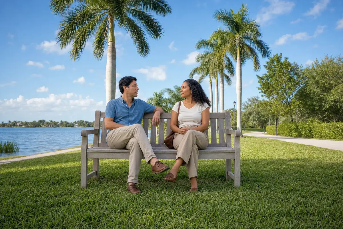A man and a woman seated side by side on a wooden bench beside a lake, under palm trees on a sunny day, talking calmly