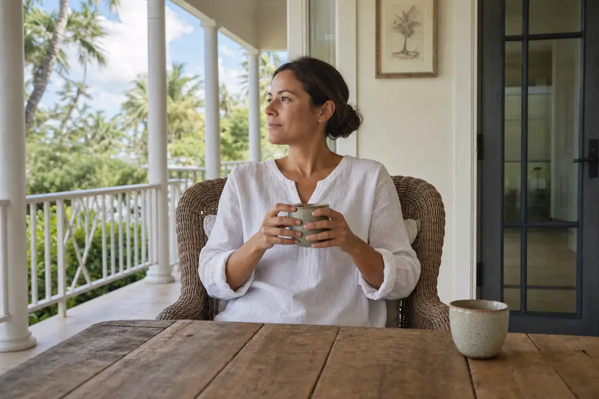 A woman in a white linen top seated in a wicker chair on a covered porch, holding a mug and gazing calmly out toward palm trees