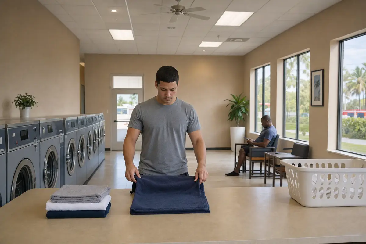 A young man in a grey T-shirt folds a navy towel at a folding table in a laundromat, with washing machines and a window behind him.