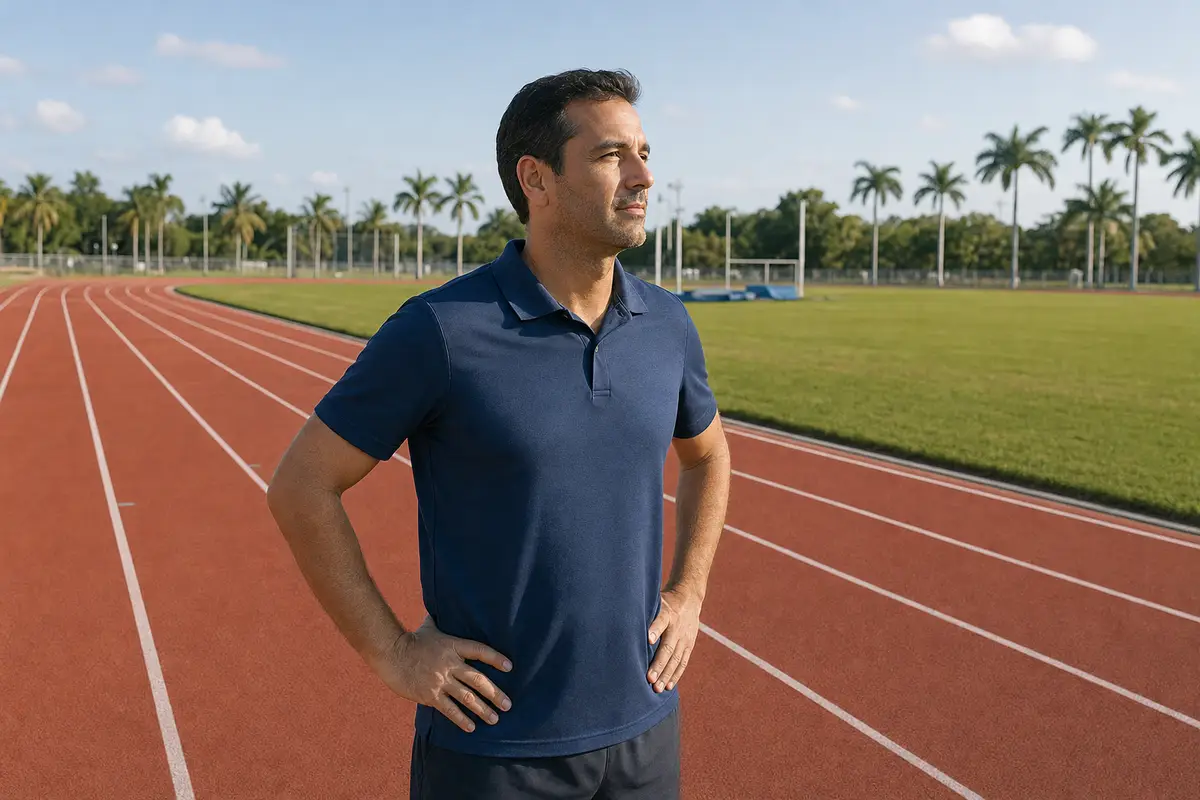 A man in a navy polo shirt stands with his hands on his hips on a red running track beside a grassy field.