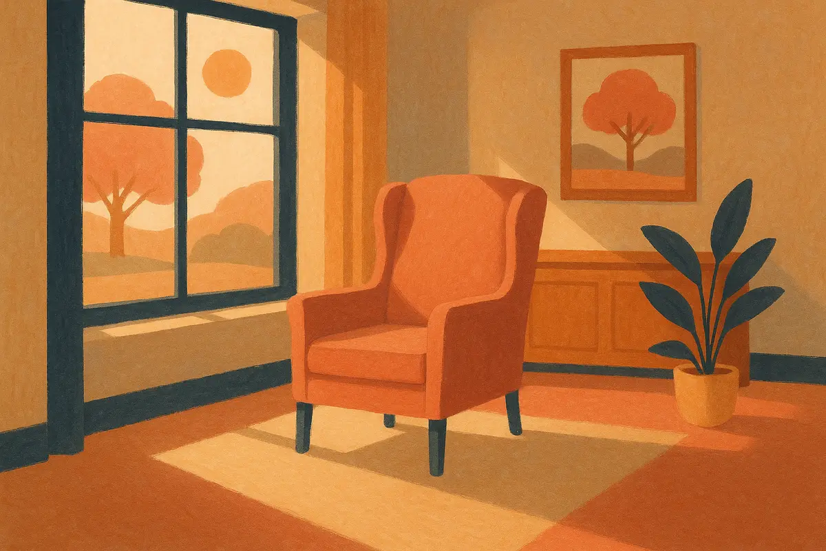 A quiet sunlit common room in a senior living community
