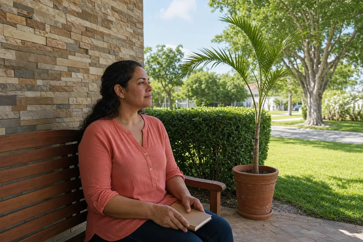 A woman in a coral top sits on a wooden bench beside a stone wall, a closed book resting on her lap, looking toward a lawn and a palm tree in a terracotta pot.