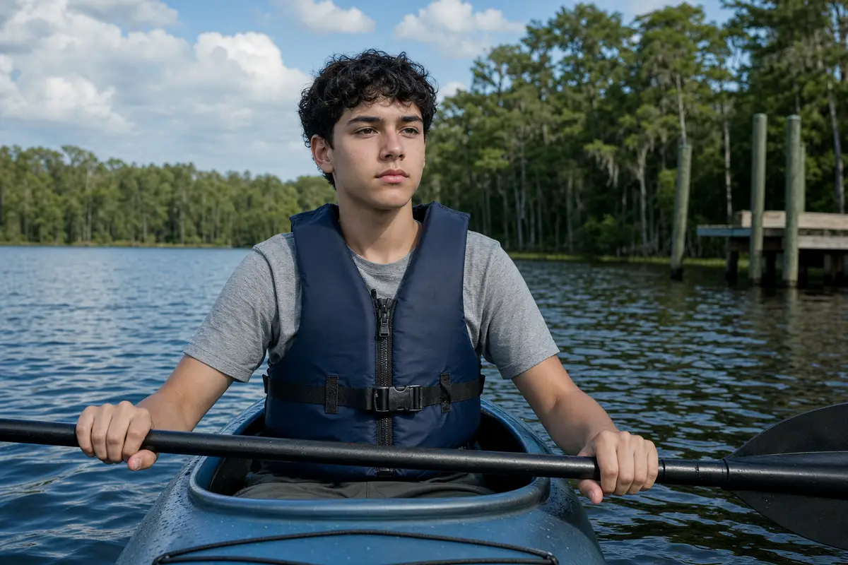 A teenage boy in a life vest paddles a kayak on a calm, tree-lined lake.