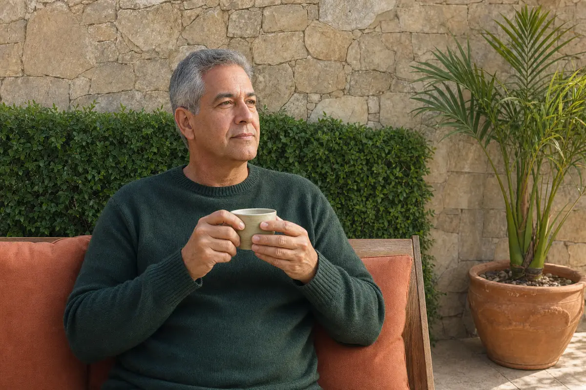 An older man in a dark green sweater sits on a cushioned outdoor bench, holding a cup of tea in both hands and looking calmly past a stone wall and a potted palm.