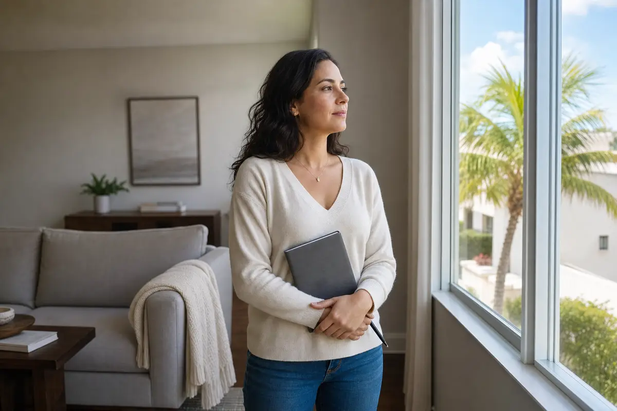 A woman in a white top holds a folder and stands by a window in a bright room with a palm tree outside.