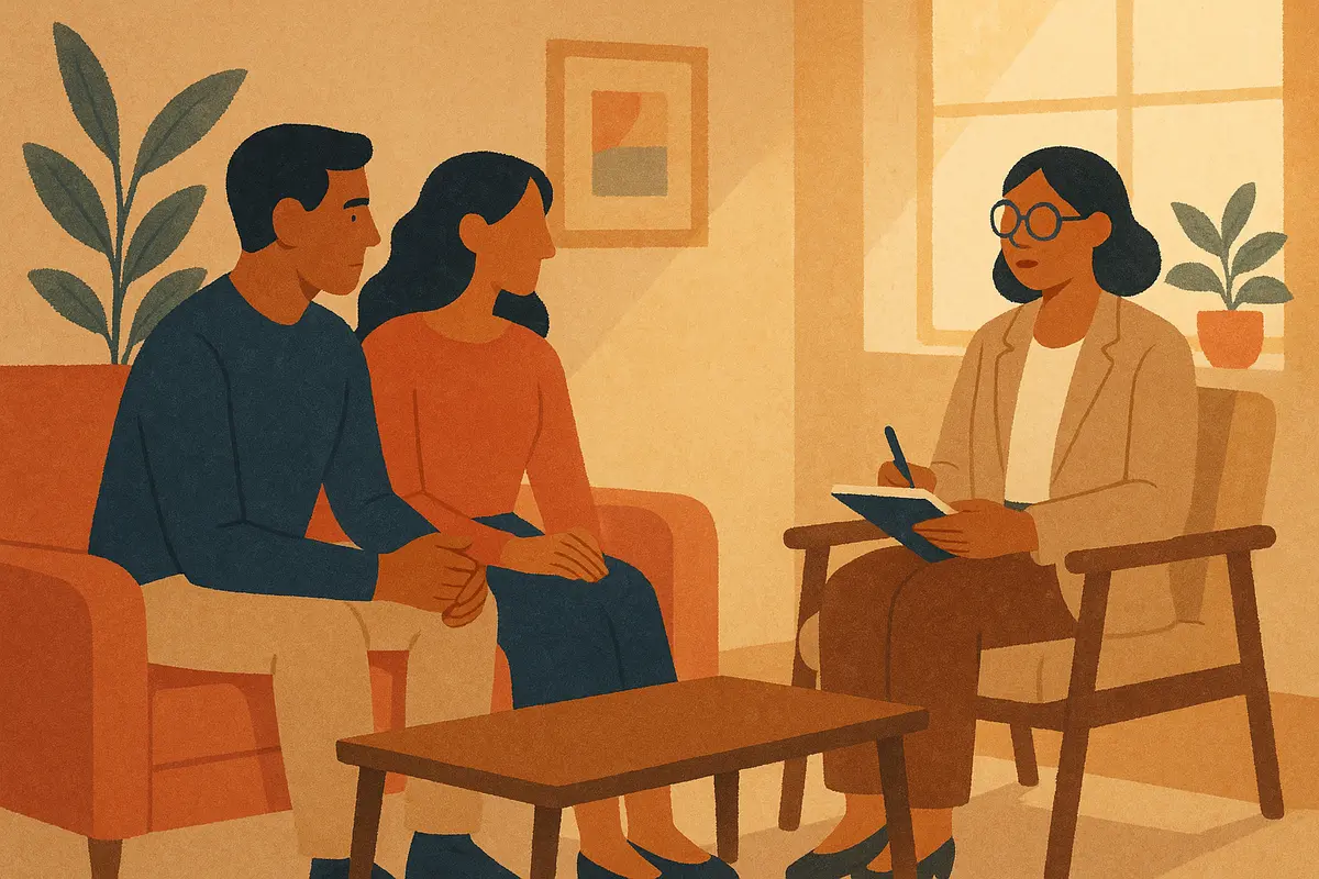 Two people sitting across from a therapist in a calm, warmly lit office, engaged in an open and focused conversation, representing a premarital counseling session. — what is premarital counseling