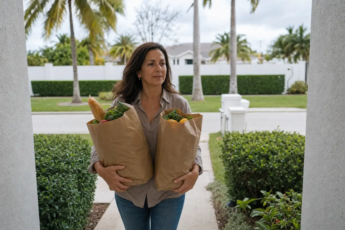 A woman in a grey-brown shirt stands on a front path carrying two paper grocery bags, with a clipped hedge, palm trees and a white wall behind her.