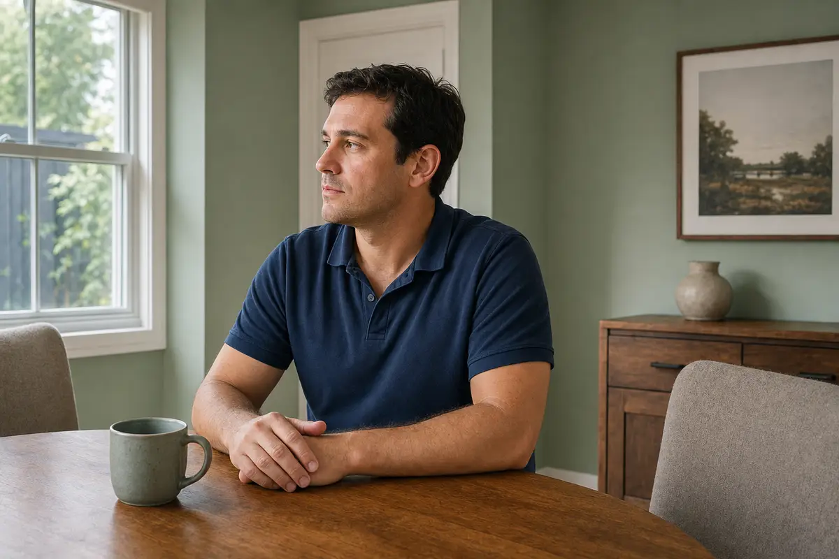 A man in a navy polo shirt sits at a wooden table by a window, hands resting on the table, looking to one side.