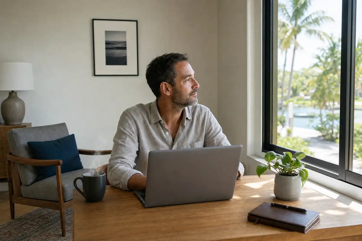 A man in a light grey shirt sits at a wooden desk by a window, working on a laptop, with a plant beside him.