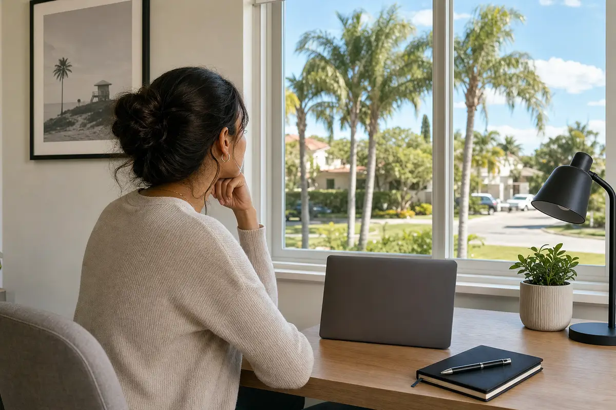 A woman with her hair tied back sits at a wooden table with a laptop and a lamp, near a window with palm trees outside.