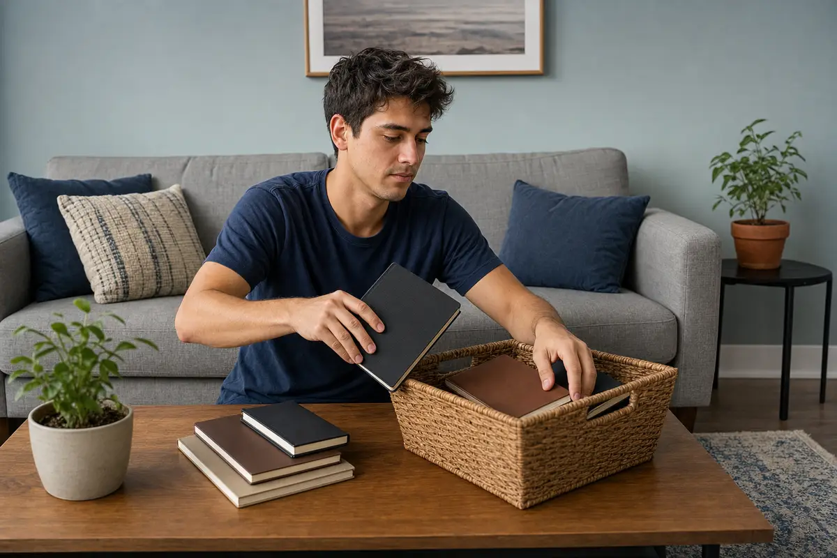A young man in a navy t-shirt sits on a grey sofa at a wooden coffee table, placing a dark notebook into a woven basket beside a stack of notebooks.