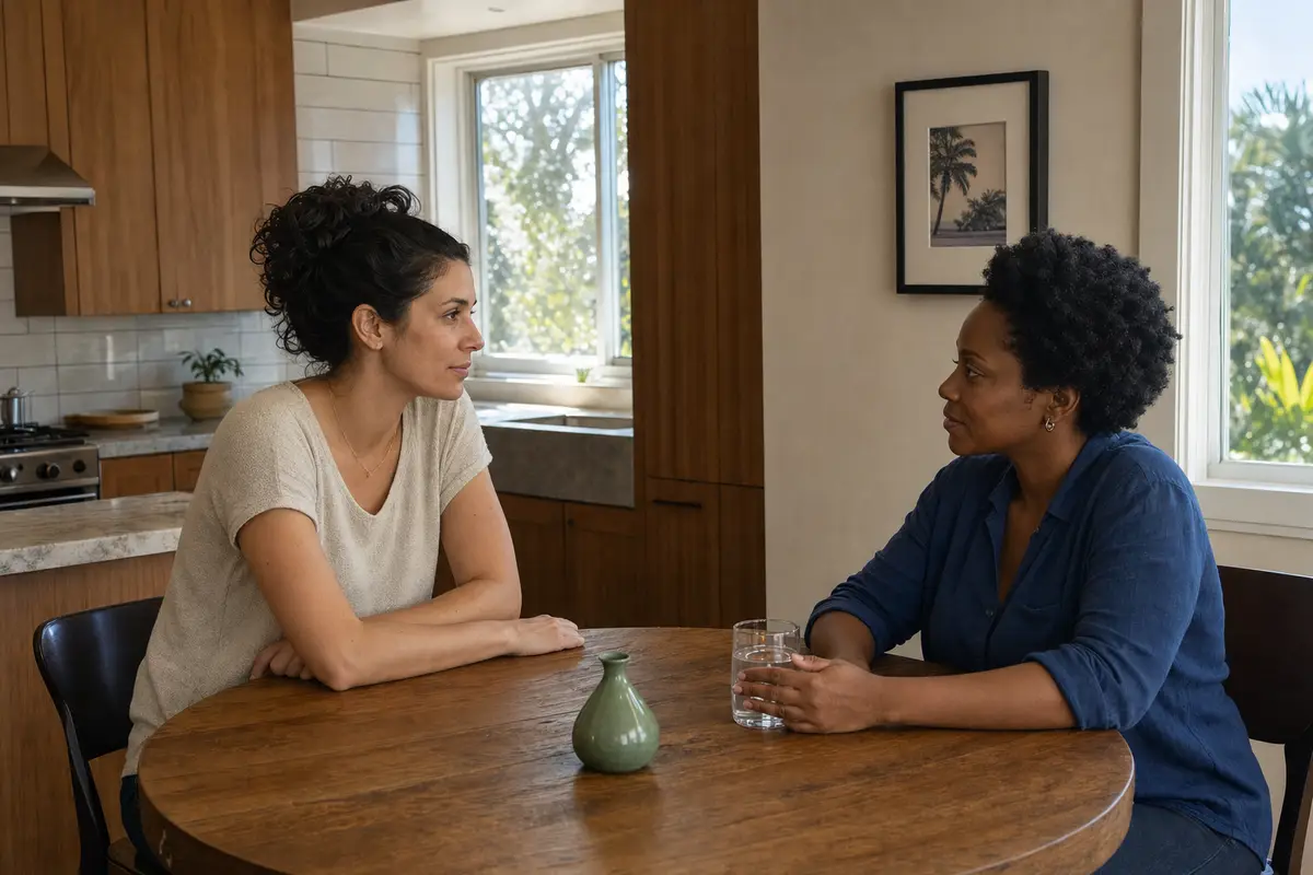 Two women seated across a kitchen table talking, with a glass of water and a small vase between them