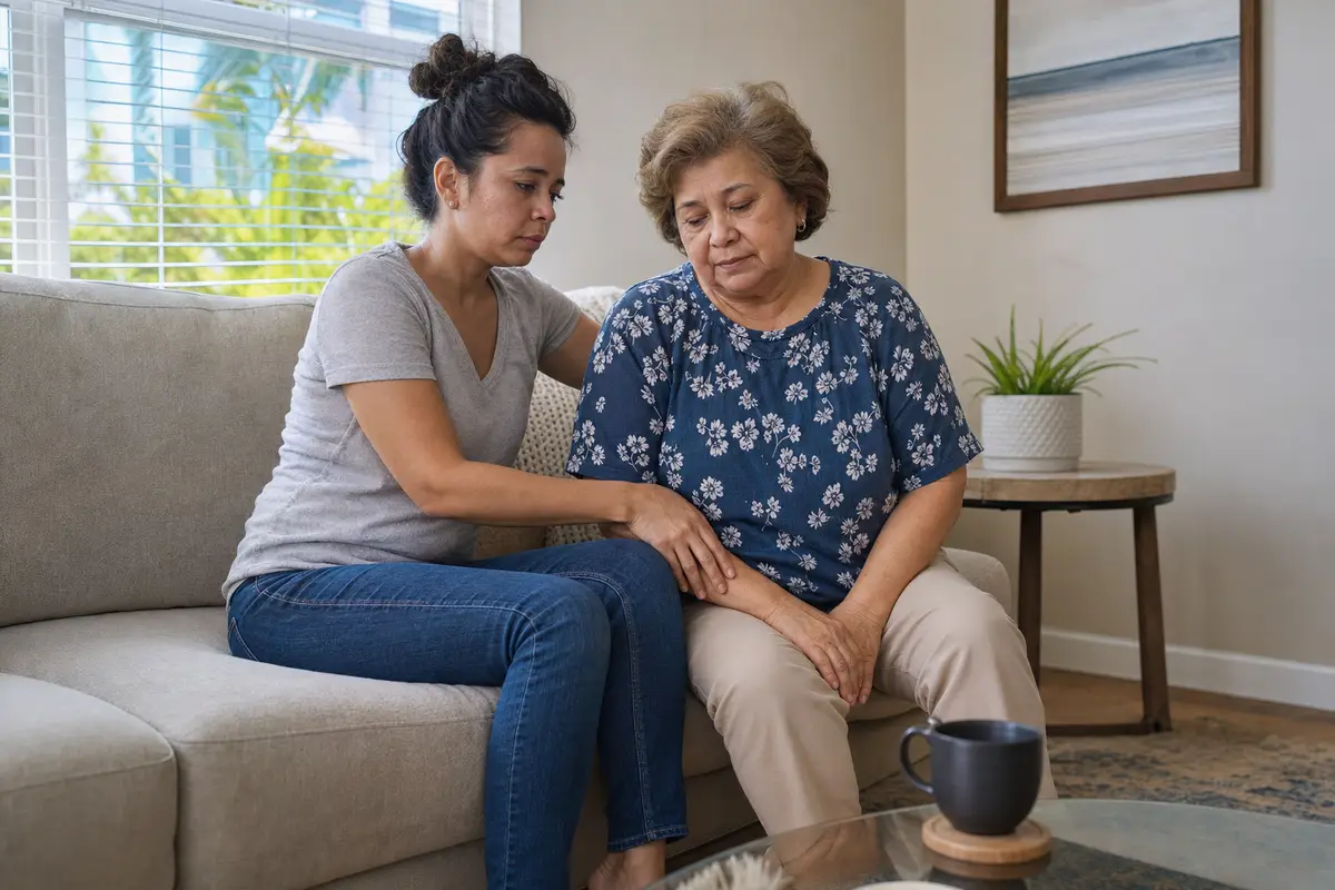 what is caregiver burnout — An exhausted adult caregiver sitting quietly beside an older family member, conveying emotional fatigue and quiet care rather than crisis.