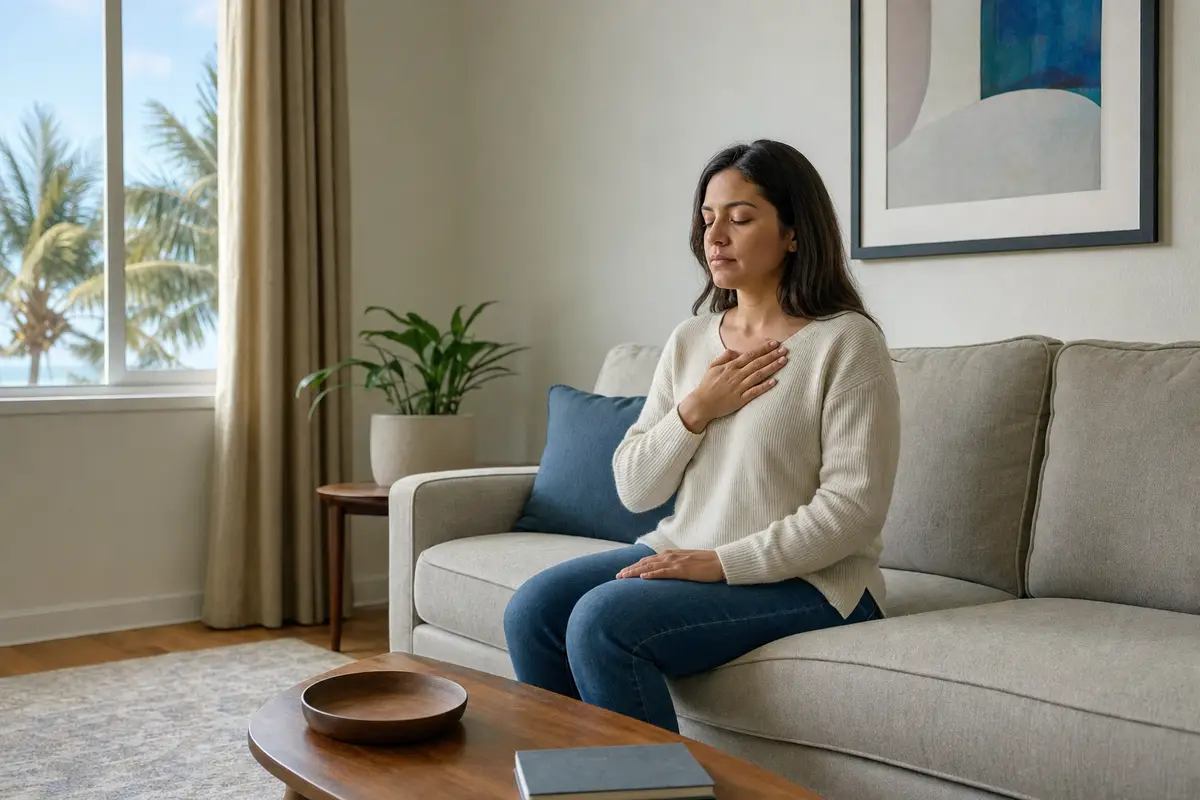 panic attack / panic vs anxiety — A person sitting quietly in a calm indoor setting, one hand resting on their chest, illustrating the physical experience of distinguishing a panic attack from generalized anxiety.